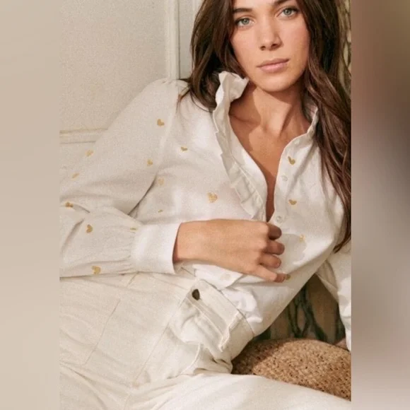 NWT NEW Sezane Chlo Blouse with Gold Heart Embroidery 34 - Picture 2 of 15